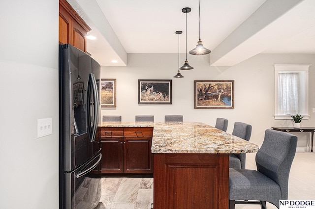 7409 N 160th St, Bennington, NE 68007 - kitchen featuring fridge with ice dispenser, a kitchen bar, a peninsula, light stone counters, and pendant lighting