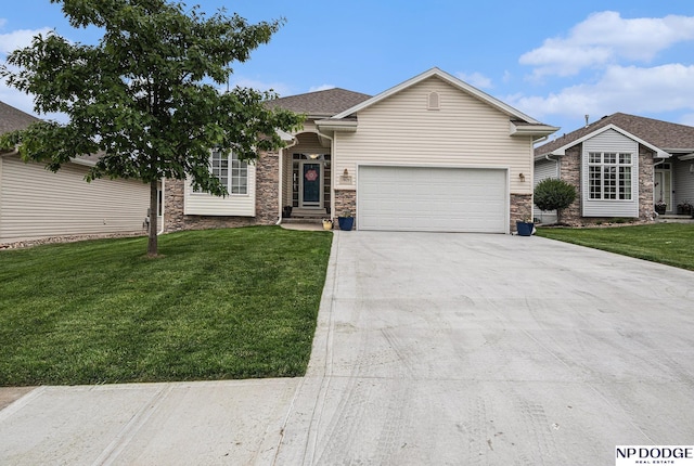 7409 N 160th St, Bennington, NE 68007 - ranch-style house featuring stone siding, a garage, driveway, and a front yard