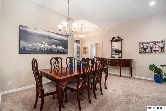 7409 N 160th St, Bennington, NE 68007 - dining area featuring light colored carpet, a chandelier, baseboards, and recessed lighting