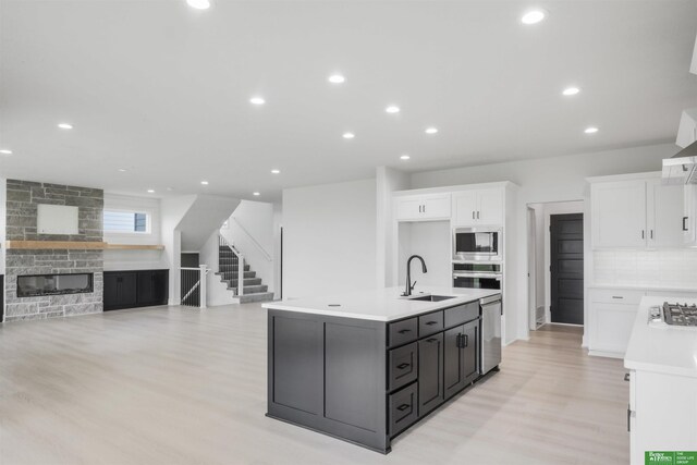 5409 N 196th Ave, Elkhorn, NE 68022 - kitchen with a sink, appliances with stainless steel finishes, white cabinetry, light wood finished floors, and a center island with sink
