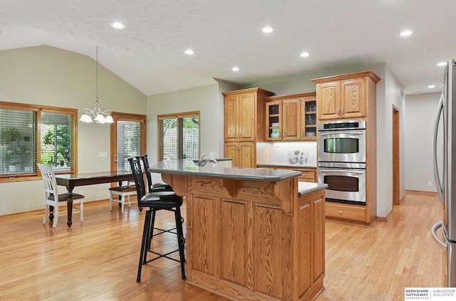 17616 Englewood St, Omaha, NE 68135 - kitchen with appliances with stainless steel finishes, a kitchen bar, light wood-type flooring, vaulted ceiling, and glass insert cabinets