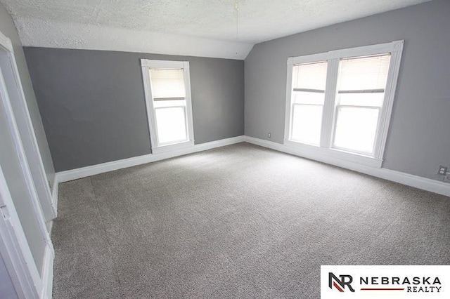 1801 Euclid Ave, Lincoln, NE 68502 - spare room featuring baseboards, carpet flooring, a textured ceiling, and lofted ceiling
