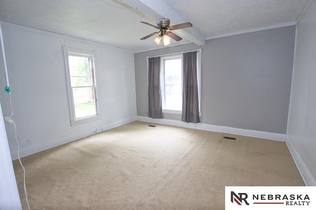 1801 Euclid Ave, Lincoln, NE 68502 - unfurnished room with light carpet, ceiling fan, baseboards, ornamental molding, and beam ceiling