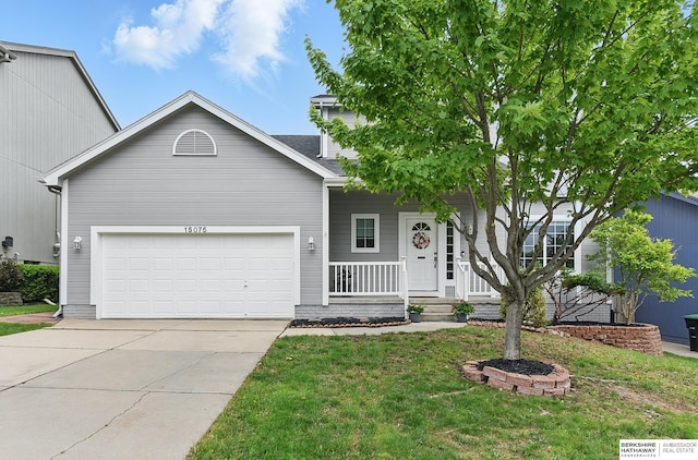 15075 Fowler Ave, Omaha, NE 68116 - view of front of home featuring driveway, a porch, a garage, and a front lawn
