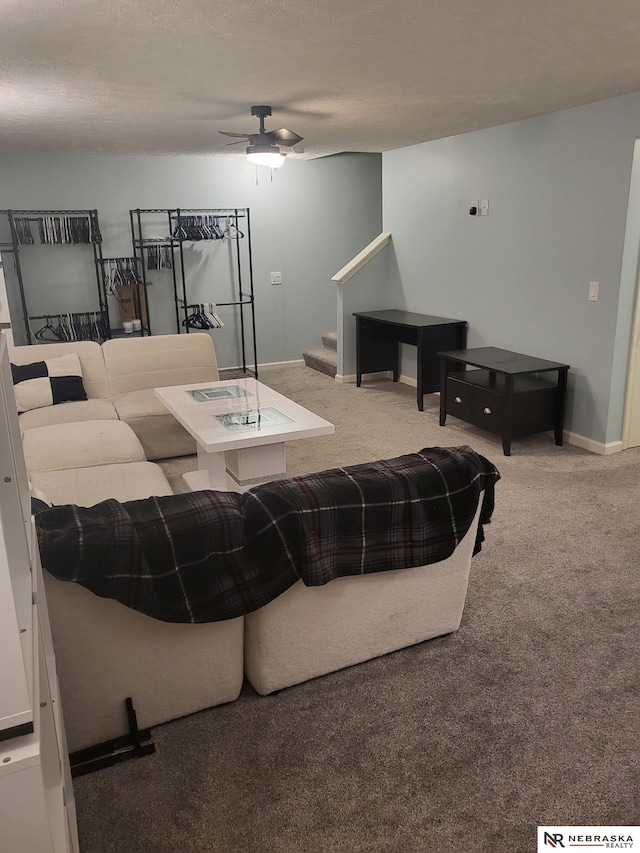16228 Virginia St, Omaha, NE 68136 - living room with carpet floors, stairway, ceiling fan, and baseboards