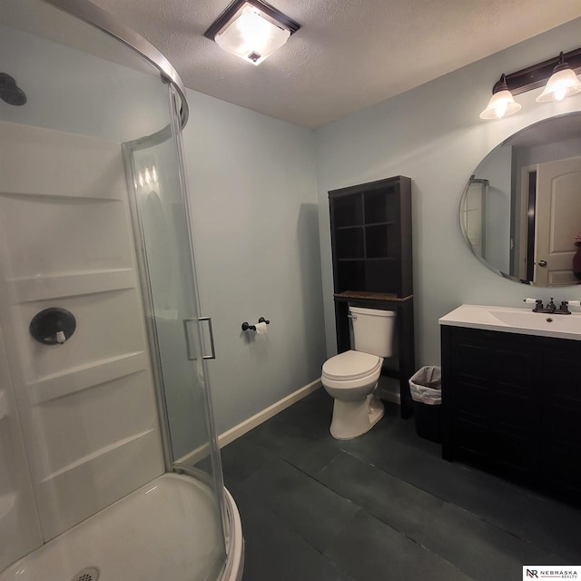 16228 Virginia St, Omaha, NE 68136 - bathroom with a shower stall, toilet, vanity, a textured ceiling, and baseboards