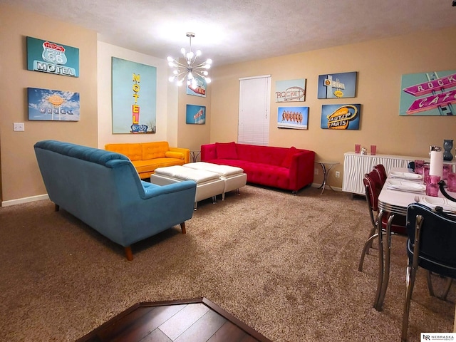 16228 Virginia St, Omaha, NE 68136 - living area featuring a chandelier, carpet floors, baseboards, and radiator