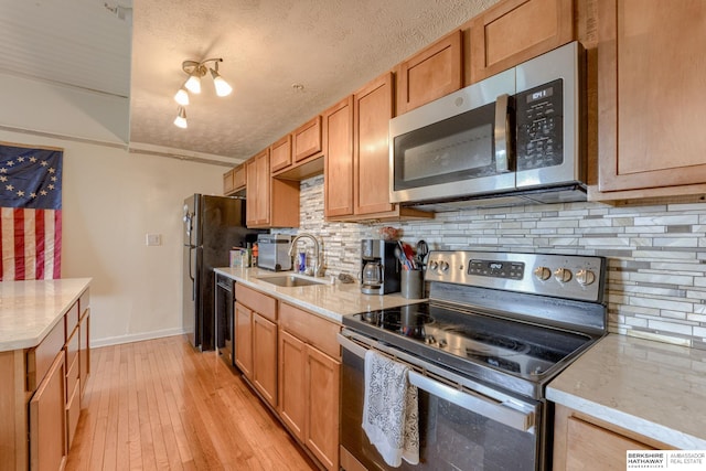 105 N 31st Ave Unit 502, Omaha, NE 68131 - kitchen with appliances with stainless steel finishes, a sink, decorative backsplash, light wood-style floors, and a textured ceiling