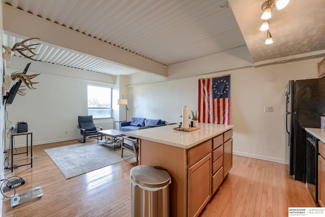 105 N 31st Ave Unit 502, Omaha, NE 68131 - kitchen featuring freestanding refrigerator, light wood-type flooring, baseboards, and open floor plan