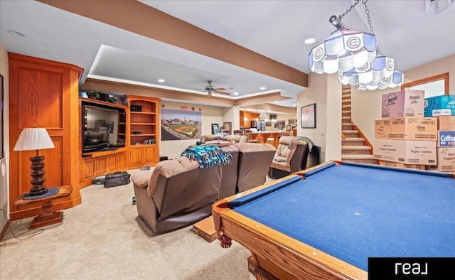 15102 Boyd St, Omaha, NE 68116 - recreation room with carpet flooring, ceiling fan, billiards, and recessed lighting