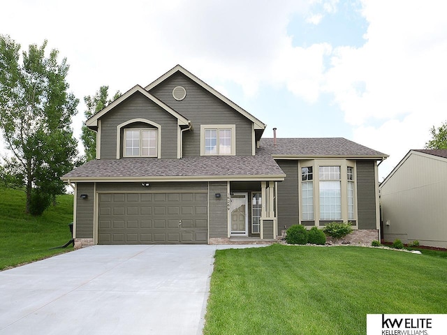 16269 Manderson St, Omaha, NE 68116 - view of front of house featuring an attached garage, driveway, a front yard, and roof with shingles