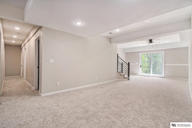 606 Pioneer Dr, Fort Calhoun, NE 68023 - carpeted empty room with stairs, ceiling fan, recessed lighting, and baseboards