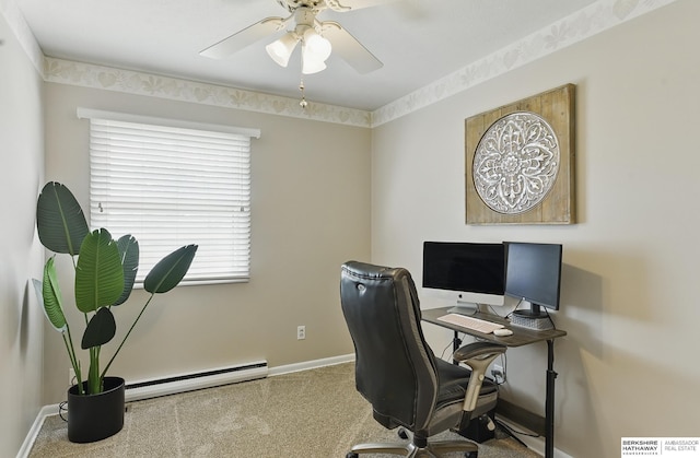 6641 S 85th St, Ralston, NE 68127 - office area featuring baseboard heating, ceiling fan, carpet floors, and baseboards