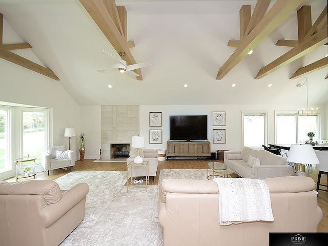 20640 Rawhide Rd, Omaha, NE 68022 - living area with beam ceiling, healthy amount of natural light, high vaulted ceiling, light wood-style floors, and a tiled fireplace