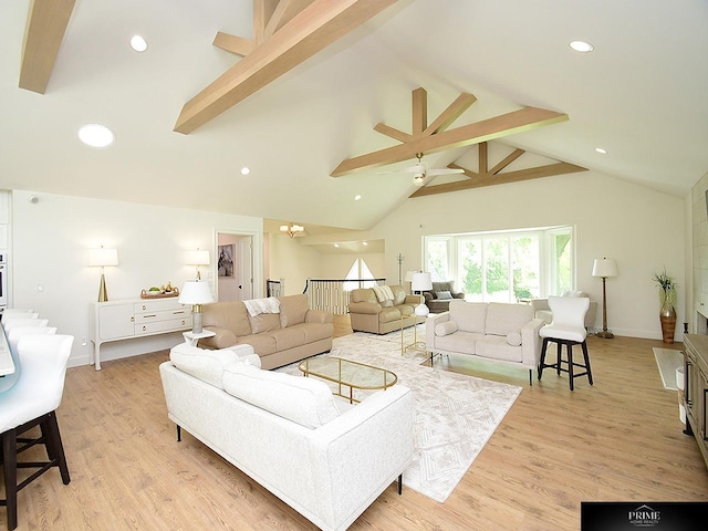 20640 Rawhide Rd, Omaha, NE 68022 - living area with beamed ceiling, a ceiling fan, high vaulted ceiling, light wood-style floors, and baseboards