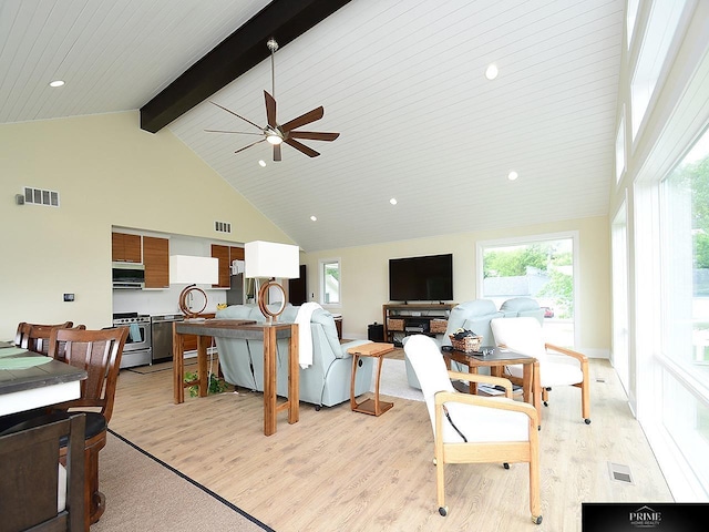 20640 Rawhide Rd, Omaha, NE 68022 - living area with light wood-type flooring, ceiling fan, beamed ceiling, high vaulted ceiling, and recessed lighting