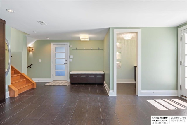 1312 S 78th St, Omaha, NE 68124 - foyer entrance featuring recessed lighting, baseboards, stairway, and dark tile patterned flooring