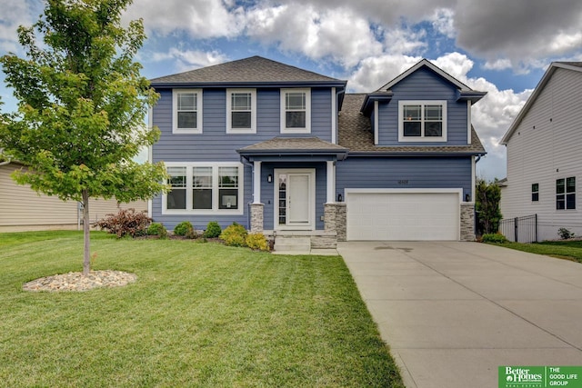 10505 Rosewater Pkwy, Bennington, NE 68007 - view of front of property with a garage, concrete driveway, a shingled roof, and stone siding