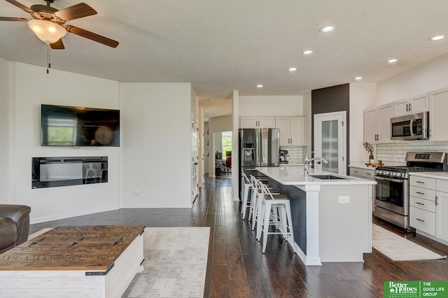 10505 Rosewater Pkwy, Bennington, NE 68007 - kitchen featuring stainless steel appliances, a sink, open floor plan, a kitchen island with sink, and decorative backsplash