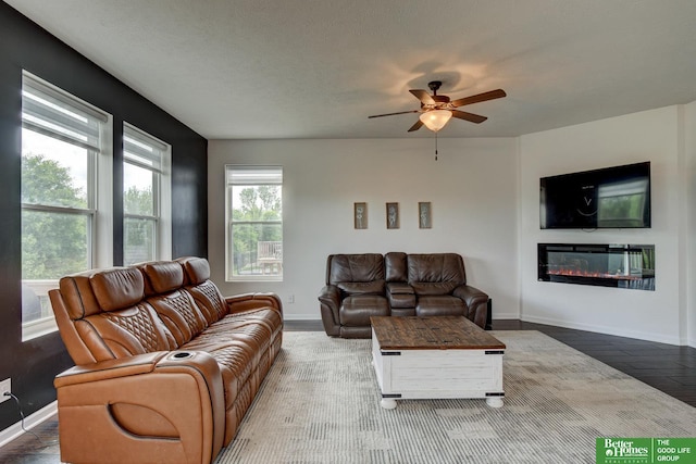 10505 Rosewater Pkwy, Bennington, NE 68007 - living area featuring a glass covered fireplace, ceiling fan, baseboards, and wood finished floors