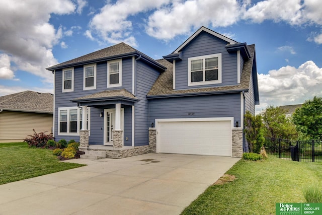 10505 Rosewater Pkwy, Bennington, NE 68007 - view of front of property featuring concrete driveway, a shingled roof, a garage, and stone siding