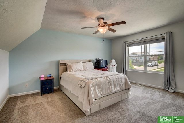 10505 Rosewater Pkwy, Bennington, NE 68007 - bedroom with a textured ceiling, carpet, ceiling fan, baseboards, and lofted ceiling