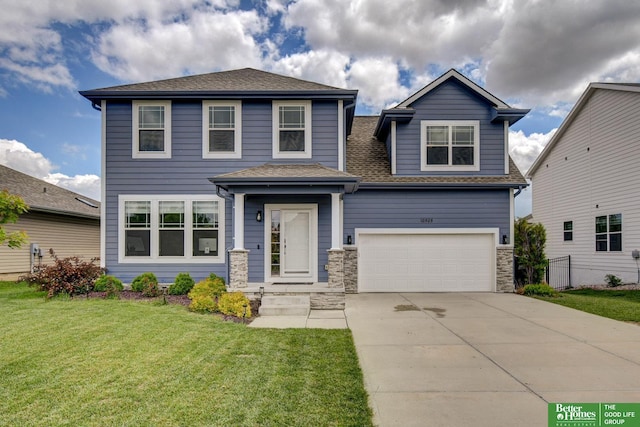10505 Rosewater Pkwy, Bennington, NE 68007 - view of front of house featuring concrete driveway, an attached garage, roof with shingles, and stone siding