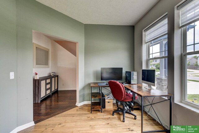 10505 Rosewater Pkwy, Bennington, NE 68007 - office area featuring wood-type flooring, baseboards, and a textured ceiling