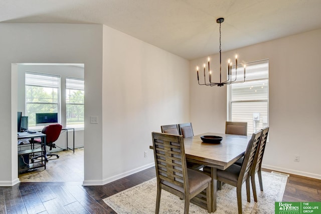 10505 Rosewater Pkwy, Bennington, NE 68007 - dining room featuring a chandelier, dark wood finished floors, a desk, and baseboards