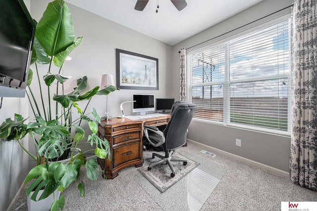 21327 Quarry Ln, Gretna, NE 68028 - home office with baseboards, a ceiling fan, and carpet floors