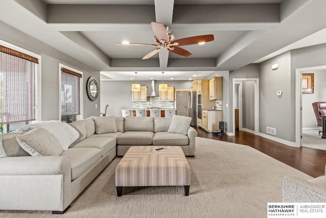 1220 S 200th Ave, Omaha, NE 68130 - living room with dark wood-style flooring, ceiling fan, healthy amount of natural light, baseboards, and recessed lighting