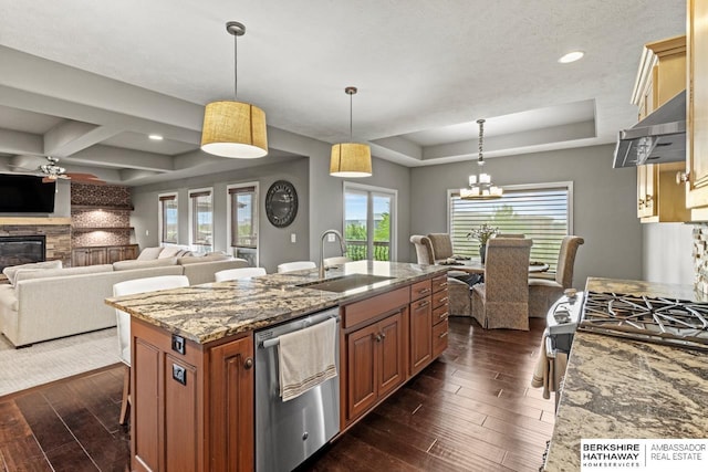 1220 S 200th Ave, Omaha, NE 68130 - kitchen with stainless steel appliances, a sink, a tray ceiling, under cabinet range hood, and light stone countertops