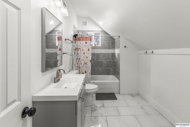 5335 N 26th St, Omaha, NE 68111 - bathroom featuring toilet, vanity, shower / tub combo, baseboards, and marble look tiles