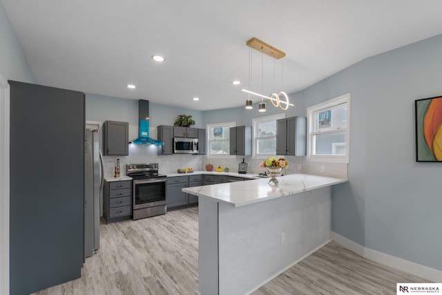 2306 Ogden St, Omaha, NE 68110 - kitchen featuring stainless steel appliances, wall chimney exhaust hood, gray cabinets, a peninsula, and light wood-type flooring