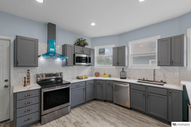 2306 Ogden St, Omaha, NE 68110 - kitchen featuring appliances with stainless steel finishes, island exhaust hood, a sink, backsplash, and recessed lighting