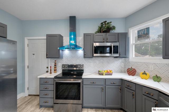 2306 Ogden St, Omaha, NE 68110 - kitchen featuring stainless steel appliances, wall chimney exhaust hood, gray cabinetry, light wood finished floors, and decorative backsplash