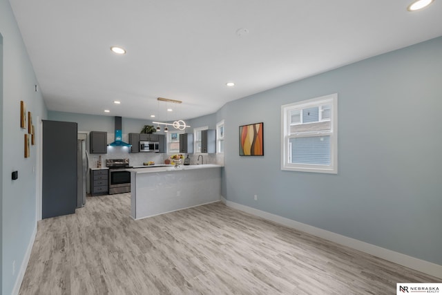 2306 Ogden St, Omaha, NE 68110 - kitchen featuring appliances with stainless steel finishes, wall chimney exhaust hood, a peninsula, light countertops, and light wood-style floors