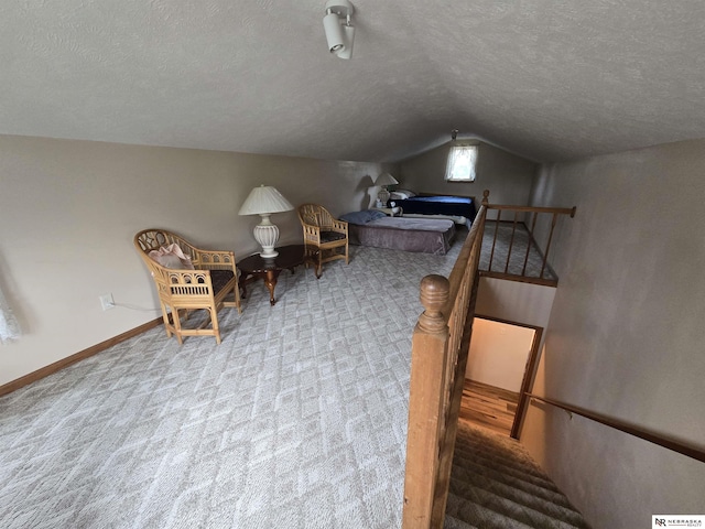 35 E Sandy Ridge Rd, Columbus, NE 68601 - bedroom featuring a textured ceiling, vaulted ceiling, carpet, and baseboards