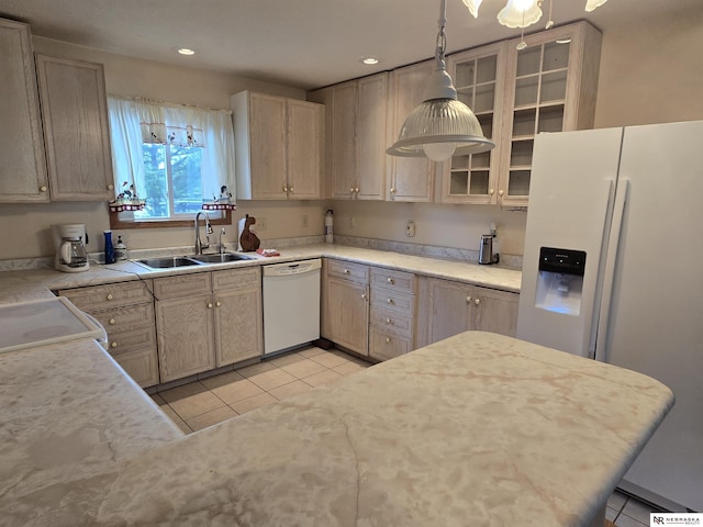 35 E Sandy Ridge Rd, Columbus, NE 68601 - kitchen with white appliances, a sink, light tile patterned flooring, light countertops, and recessed lighting