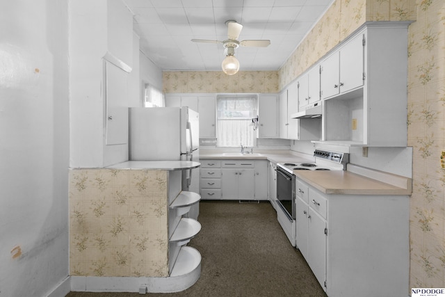 1373 S St, Blair, NE 68008 - kitchen with white appliances, wallpapered walls, a sink, under cabinet range hood, and light countertops