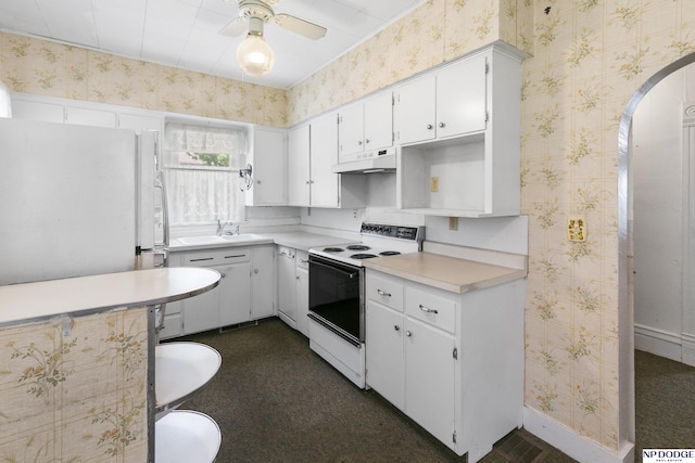1373 S St, Blair, NE 68008 - kitchen with white appliances, wallpapered walls, arched walkways, under cabinet range hood, and light countertops