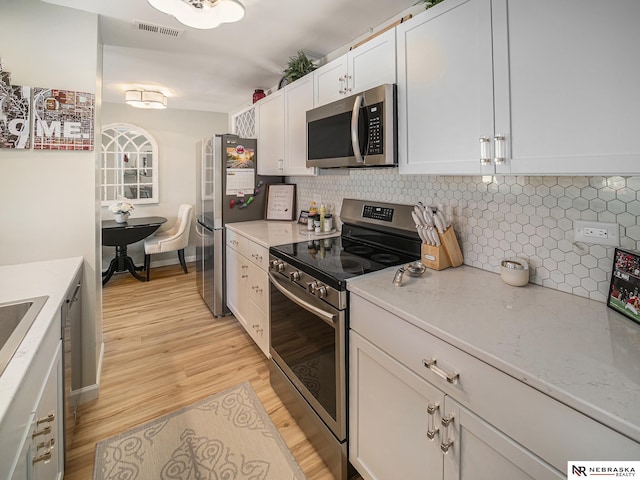 139 N 11th St Unit 905, Lincoln, NE 68508 - kitchen with stainless steel appliances, decorative backsplash, light wood-style flooring, white cabinets, and light stone countertops