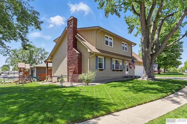 12555 Ohern St, Omaha, NE 68137 - view of side of property featuring board and batten siding, a chimney, a playground, and a garage