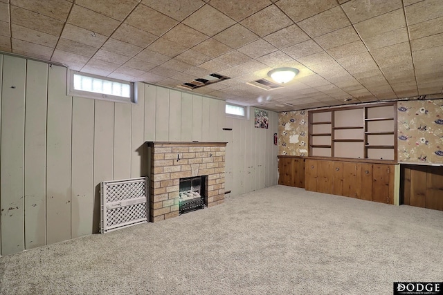 1827 E Broad St, Fremont, NE 68025 - basement with carpet floors, plenty of natural light, wood walls, and a fireplace