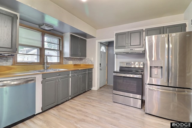 1827 E Broad St, Fremont, NE 68025 - kitchen featuring stainless steel appliances, a sink, under cabinet range hood, and gray cabinets