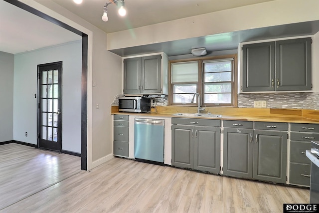 1827 E Broad St, Fremont, NE 68025 - kitchen with appliances with stainless steel finishes, a sink, gray cabinets, backsplash, and light wood-style flooring