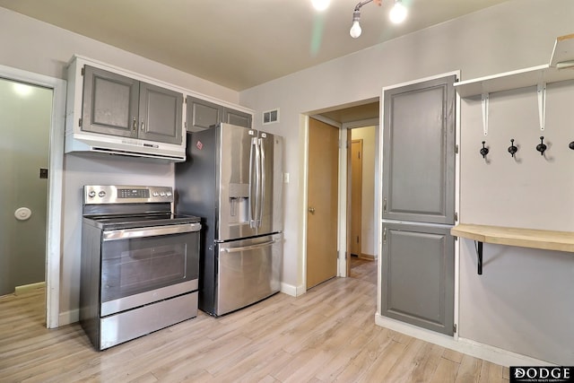 1827 E Broad St, Fremont, NE 68025 - kitchen with appliances with stainless steel finishes, under cabinet range hood, gray cabinetry, and light wood finished floors