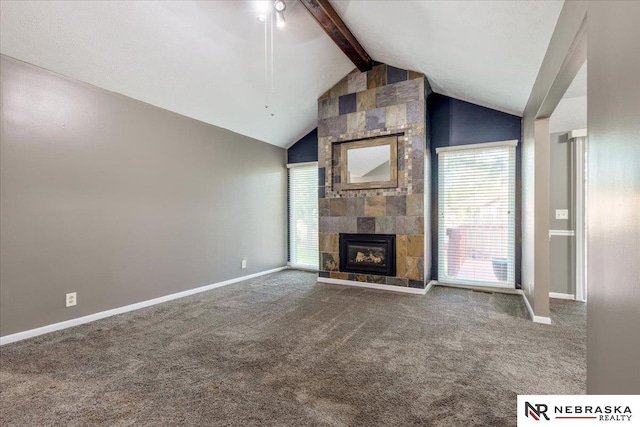 15161 R St, Omaha, NE 68137 - unfurnished living room featuring carpet floors, a tiled fireplace, and baseboards