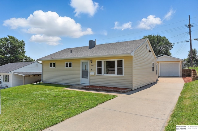 3847 Valley St, Omaha, NE 68105 - view of front of property with concrete driveway, an outdoor structure, a front lawn, a garage, and roof with shingles