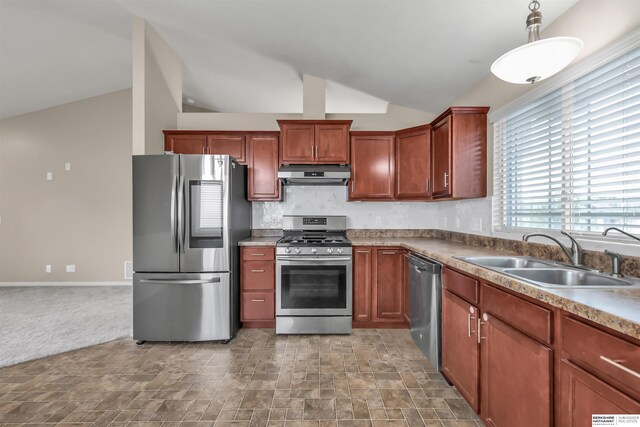 16421 Redman Ave, Omaha, NE 68116 - kitchen featuring appliances with stainless steel finishes, under cabinet range hood, a sink, lofted ceiling, and stone finish flooring